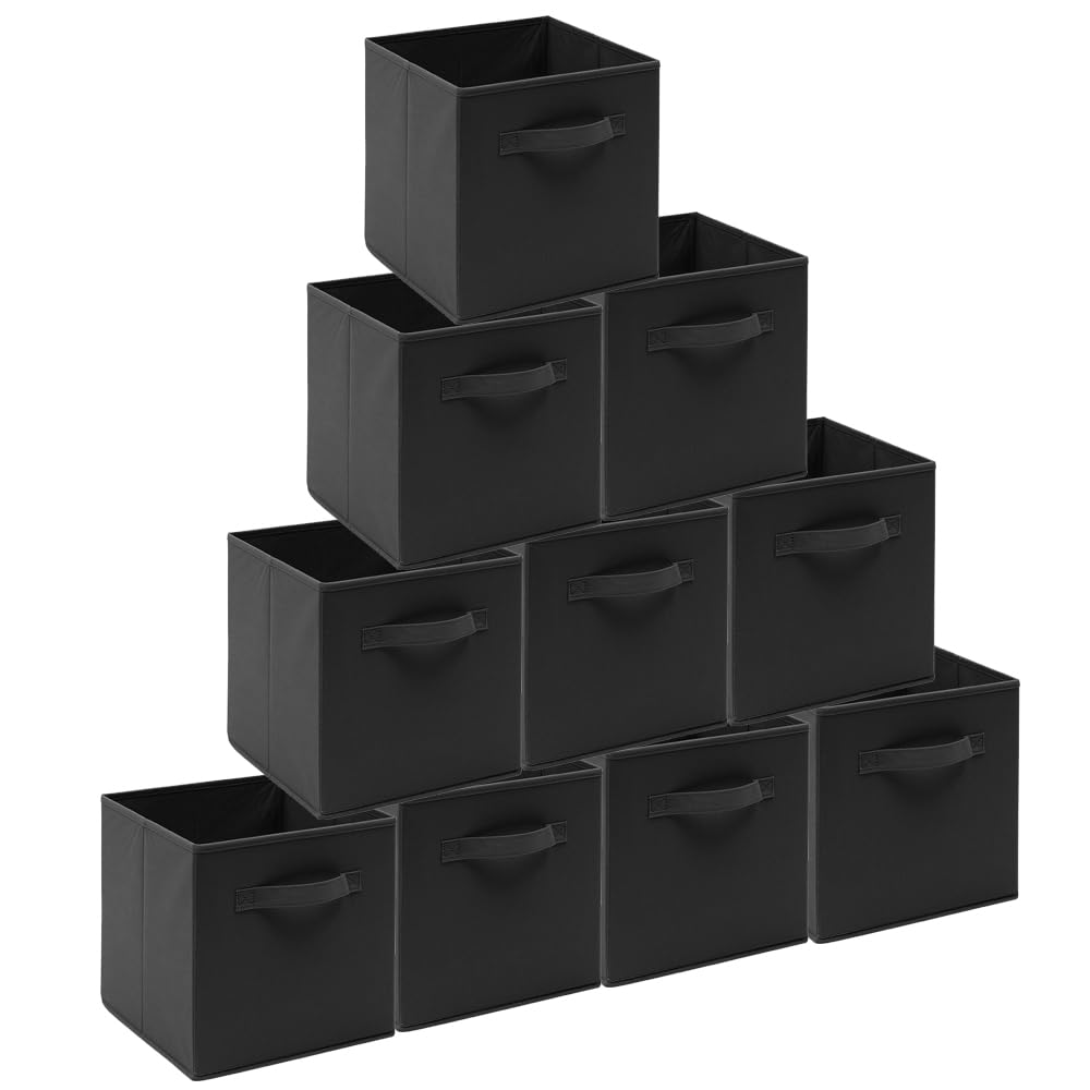 BonChoice Foldable Storage Cubes Boxes with Handle for Home Organization, Fabric Wardrobe Storage Box Organizer Basket Bins for Clothes Toys Towels, Collapsible&Durable (10, Black)