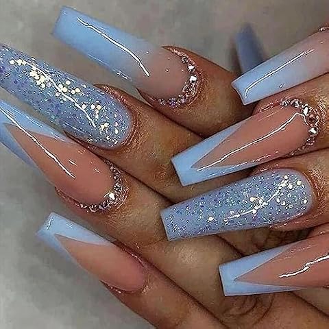 MISUD Long Coffin Press on Nails Ballerina Fake Nails Glossy Glue on Nails Blue French Tip Acrylic Nails Bling Glitter Artificial Nails 3D Rhinestone Stick on False Nails with Gradient Design 24 pcs Cover