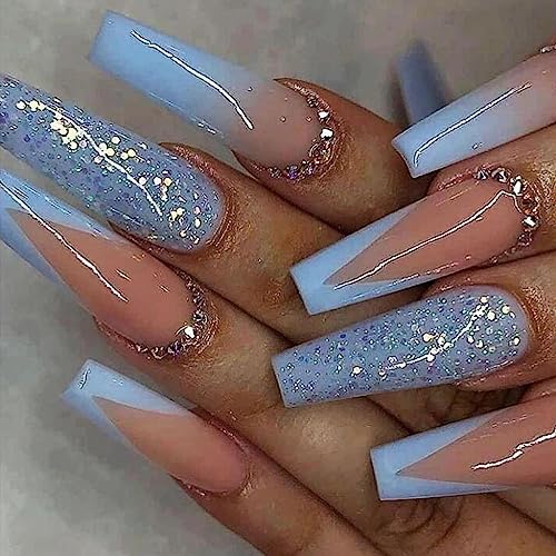 MISUD Press on Nails - Long Coffin Glue on Nails with Summer Blue...