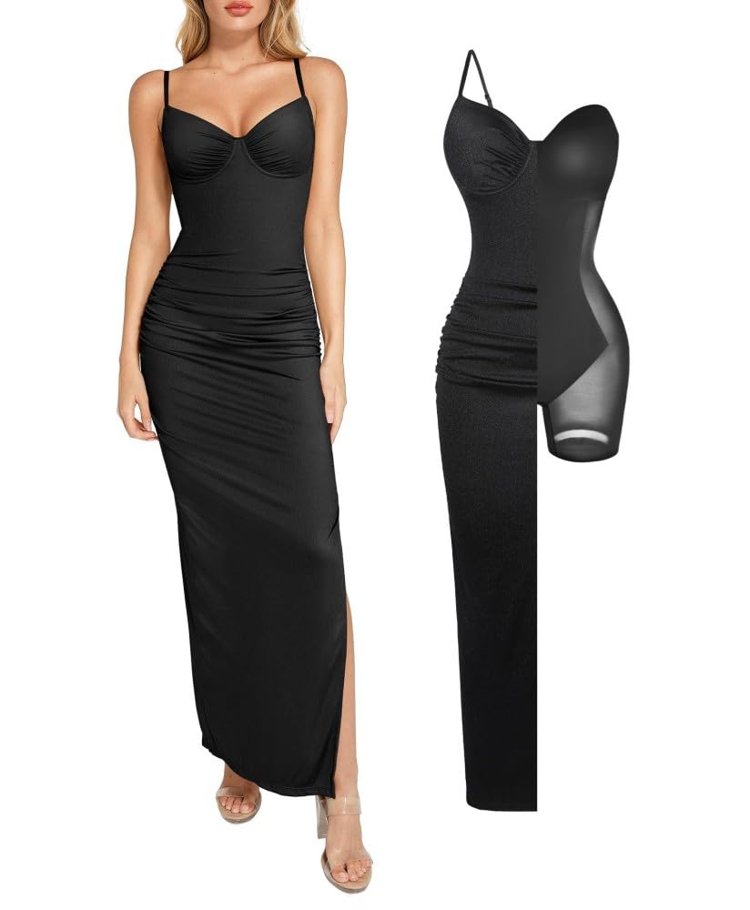 Popilush Cocktail Dresses for Women V Neck Shapewear Dress Sleeveless Maxi | Built-In Bra, Light Tummy Control, Spaghetti Straps, Long Satin Dress for Wedding Guest Party Evening Date Night