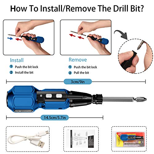 Rechargeable Cordless Screwdriver-Electric Screwdriver Hand Tool Kit for Man Women Mini Portable Cordless Power Drill with LED Light,USB Charging Cable (W/1 double side bit) Black Blue