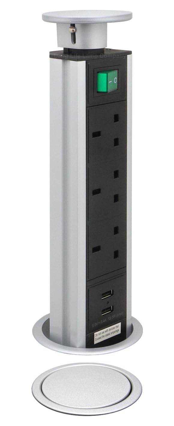 Pop Up Power Socket with 2 USB Charging Ports, Silver Top, 3 UK Plug Sockets Power Strip Hidden Kitchen Worktop P8083
