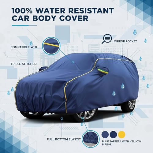 Image of Sulfar 100% Water Resistant Car Body Cover Compatible with Mirror for Mahindra Bolero (Triple Stitched, Full Bottom Elastic, Blue Taffeta with Yellow Piping)