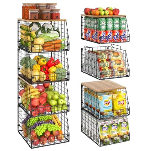 4 Pack Stackable Wire Baskets with Fixed Wooden Top, Vegetable Fruit Storage Bins for Onion Potato Snack, Pantry Baskets for Kitchen Cabinet Countertop, Pantry Organizers and Storage Rack