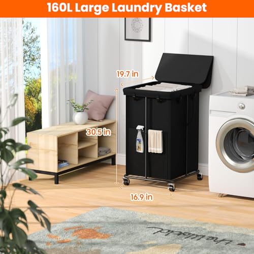 Image of 160L Laundry Hamper with Lid, Rolling Laundry Basket with Wheels, Large & Tall Dirty Clothes Hamper with Metal Frame and Removable Bag for Bedroom Aesthetic, Laundry Room, Bathroom, Dorm-Black