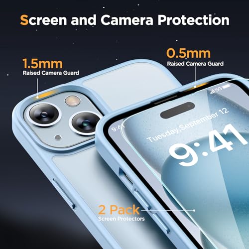 Image of Miracase Magnetic for iPhone 15 Plus Case 6.7 inch (Compatible with MagSafe)(with 2X Screen Protectors) Military-Grade Protection, Anti-Fingerprint Translucent Matte Phone Cover, Light Blue