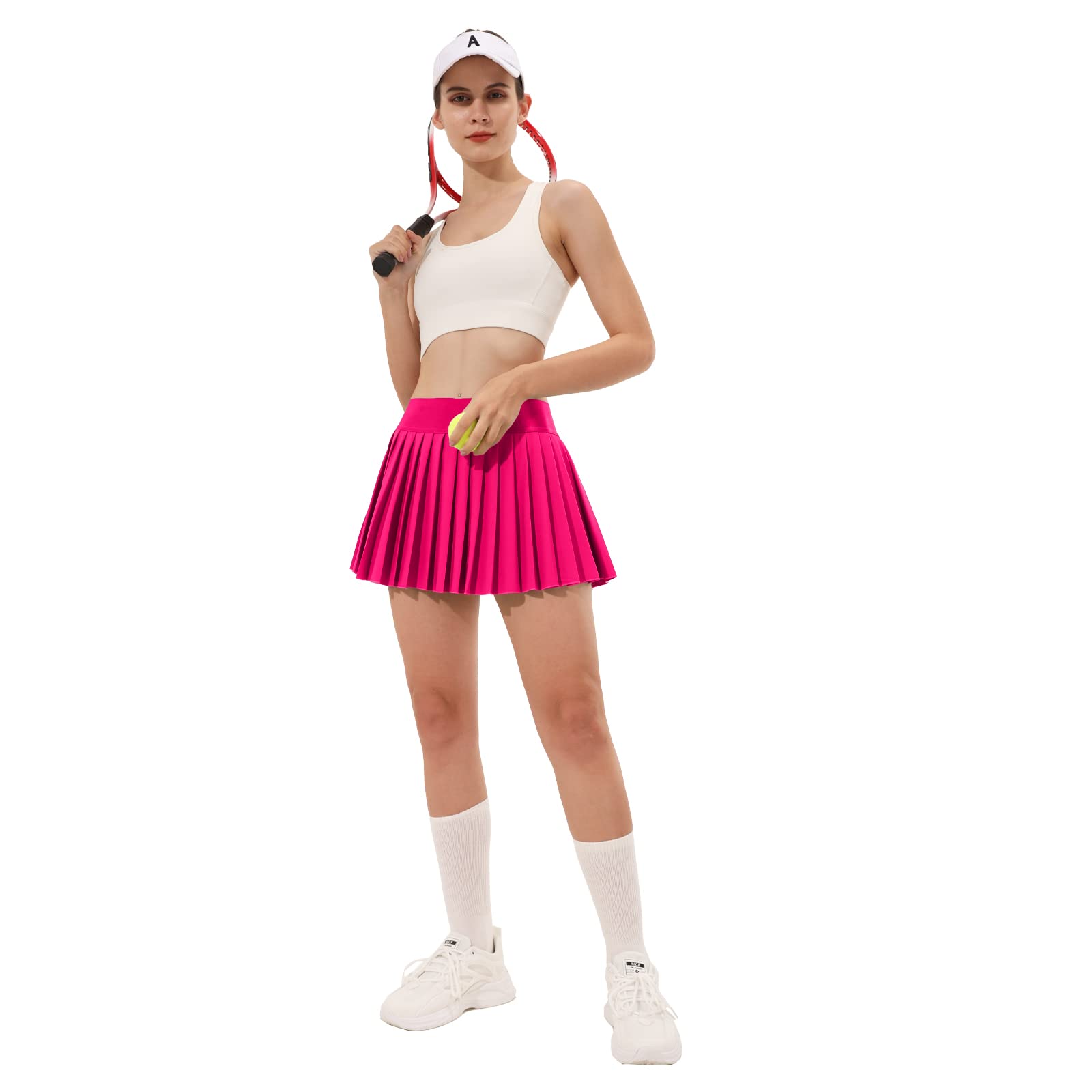 Falda de tenis plisada para mujer, pantalones cortos integrados, faldas atléticas de cintura alta, con bolsillos, holgada, casual, Rosa encendido, Large