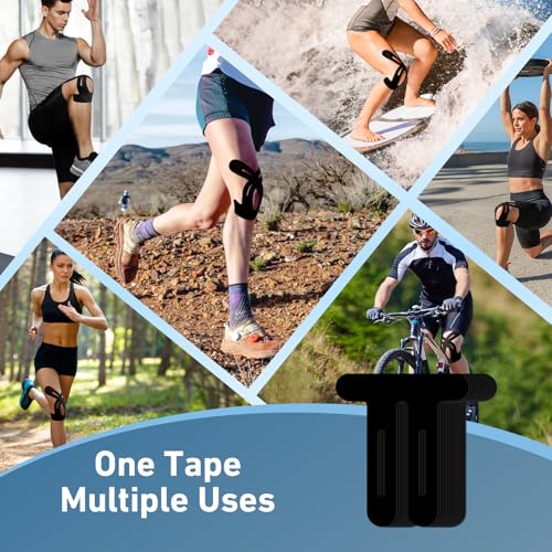 Image of PreCut Kinesiology Tape for Knees, 12PCS(6 Black & 6 Blue)Waterproof KTQUICK Knee Tape for Knee Pain Relief Pre Cut, Original Cotton Athletic Knee Tape, Waterproof&Hypoallergenic Latex-Free for Sports