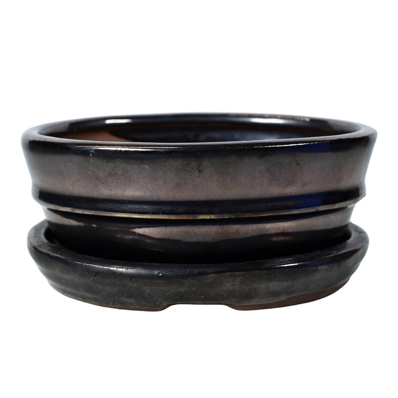 Yugen Bonsai Metallic Ceramic Bonsai Pot - 120 X 95 X 45 - Oval Bonsai Tree Planter | With A Matching Drip Tray