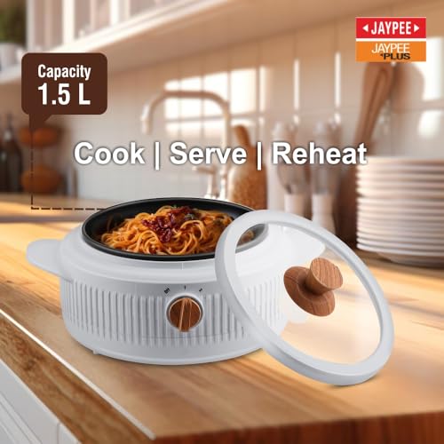 Image of Jaypee Plus Electric CookSmart Casserole with Teflon NonStick Coating Bowl for Reheating & Cooking, Serving Casserole Wooden Finish Lid & Regulator Knob Toughened Glass Lid, 1500 ml, Grey