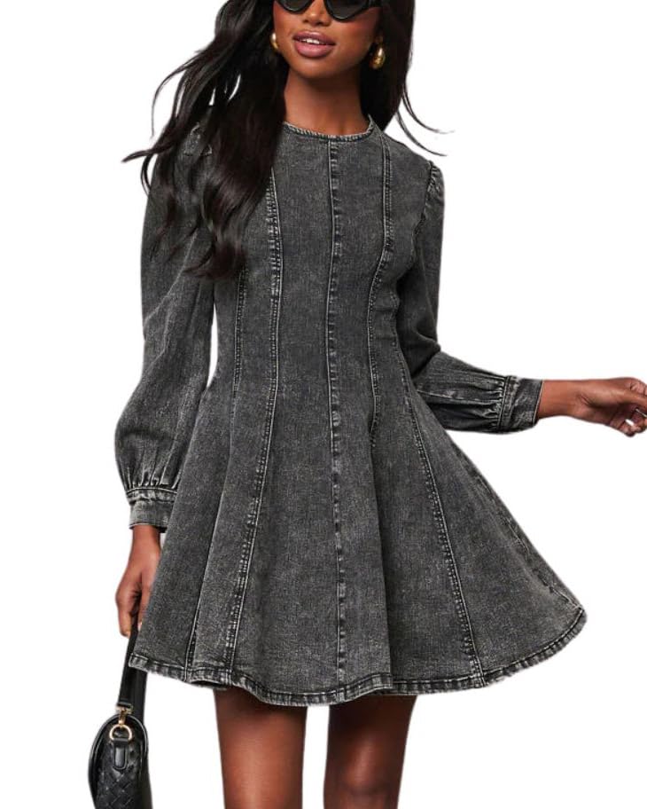 utcoco Women 2025 Fall Long Sleeve Denim Mini Dress Stretchy Slim Fit Ruffle Swing A Line Jean Dresses