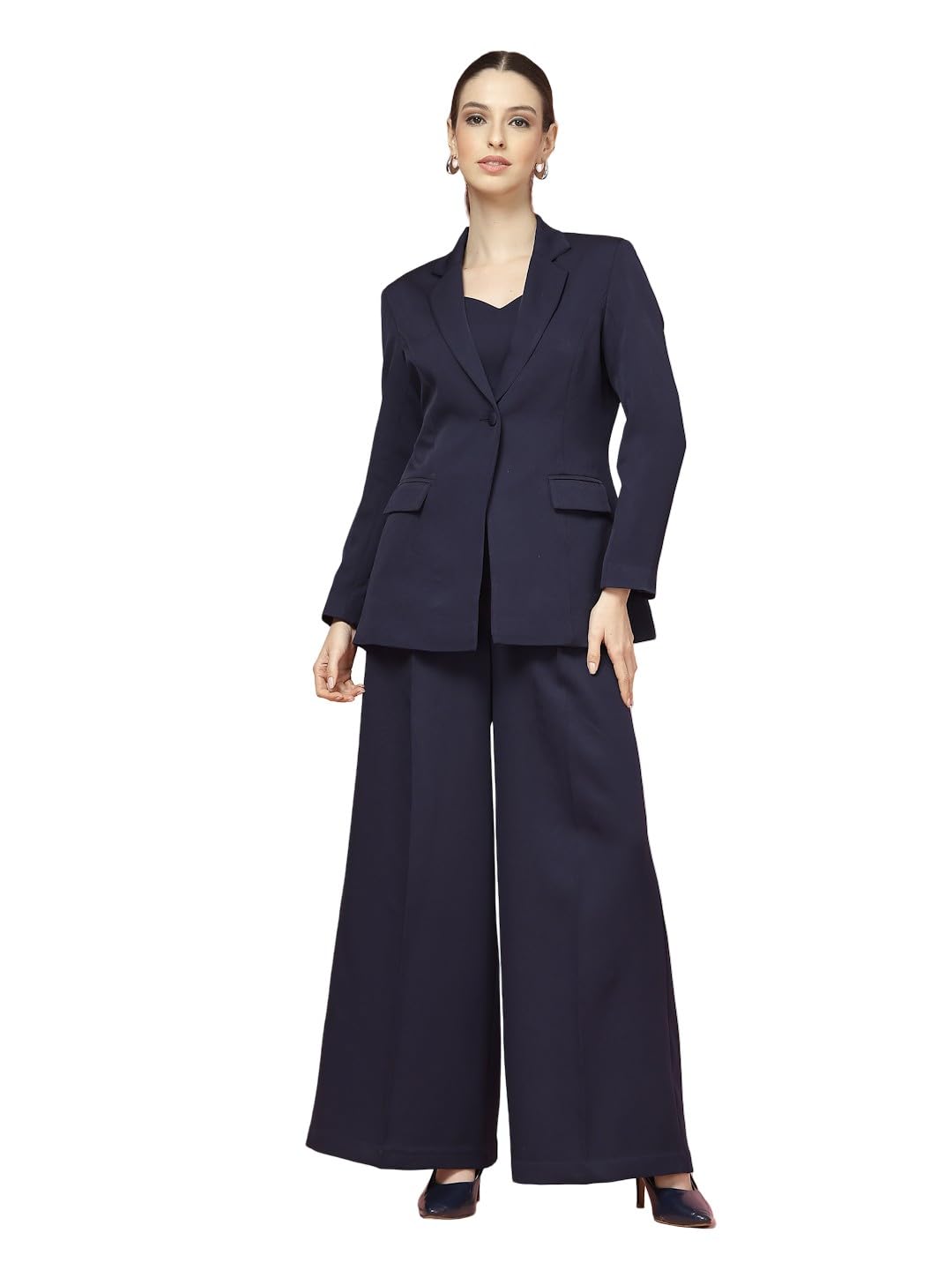 Women's Solod Color Blazer with Crop Top and Wide-Leg Trouser Co-ord Set, Formal Office Wear, 3 Piece Set-picture-19