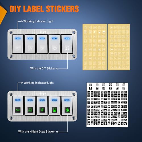 Image of Nilight 5 Gang Rocker Switch Panel 3 Pin On Off Pre-Wired Blue LED | Waterproof Aluminum Toggle Switches with DIY Stickers for 12V 24V Automotive Cars Marine Boats UTV Truck Jeeps