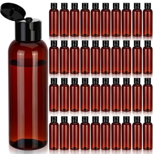 Mimorou 50 Pcs Plastic Amber Squeeze Bottle, Flip-top Lid, 4oz, Brown/black