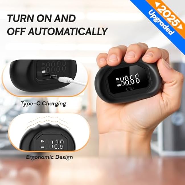 Hand Grip Strength Tester Trainer - HICHOR Rechargeable Mini Hand Strength Dynamometer for Hand Palm and Finger Workouts with Finger Exerciser and Stretcher Exercise Equipment Black Orange