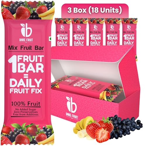 Image of Barefruit 100% Mix Fruit Bar|Healthy Breakfast Diet Energy Snacking Bar For Kids & Adults|Plant Based Protein & Fibre- Rich In Vitamin A,C|No Added Sugar,Zero Preservatives (Pack of 3 (18 unit)),200 G