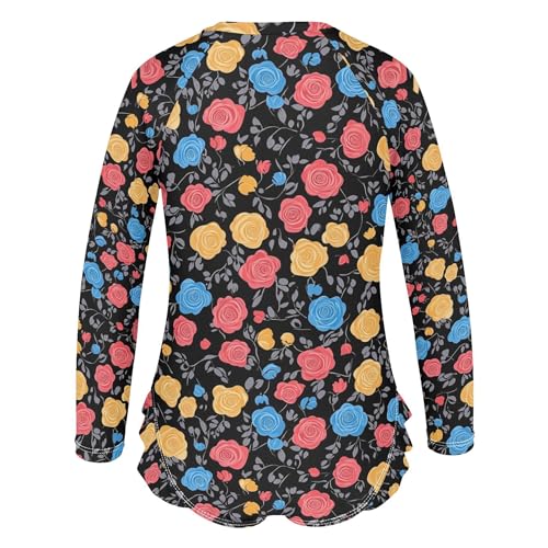 Colorful Roses Flower Girls Long Sleeve Rashguard Swimsuit UV Protection One-Piece Swimwear Bathing Suit B04042733