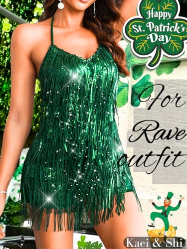 Image of Kaei&Shi Sequin Fringe Romper,Sparkly Glitter Metallic Jumpsuits For Women,Backless Shorts Dress Disco Birthday Dance Outfit