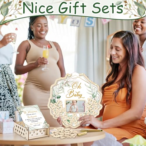 Image of Wenqik 63 Pcs Sage Green Baby Shower Guest Book Alternatives Set Baby Shower Decorations with Photo Frame Sonogram Frame Keepsake 60 Wood Slices Guest Book for Birthday