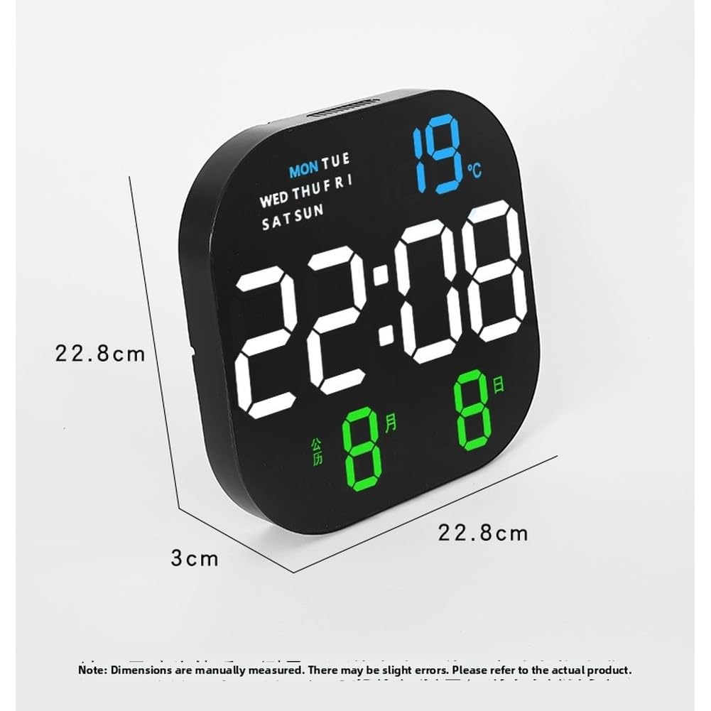 Horloge murale numérique LED moderne avec alarme, thermomètre, calendrier, affichage jour de la semaine, luminosité réglable, télécommande pour la maison, le bureau, la chambre à coucher