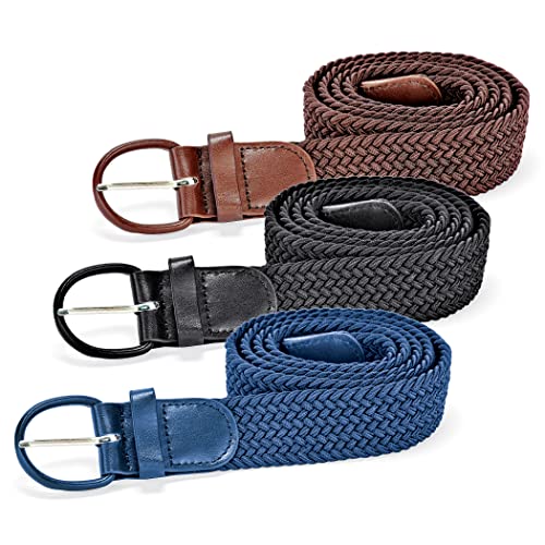 Collections Etc Stylish Braided Stretch Belts - Set of 3 | Black, Brown, Navy Blue | Polyester, Elastane2