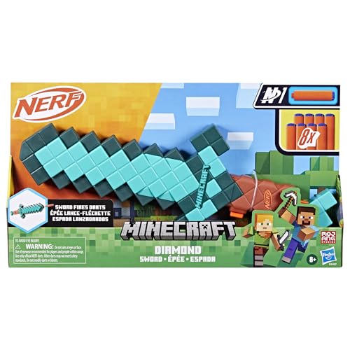 Image of Nerf Minecraft Sword Dart Blaster, Pull Back Priming, Foam Edge, 8 N1 Darts, Ages 8+