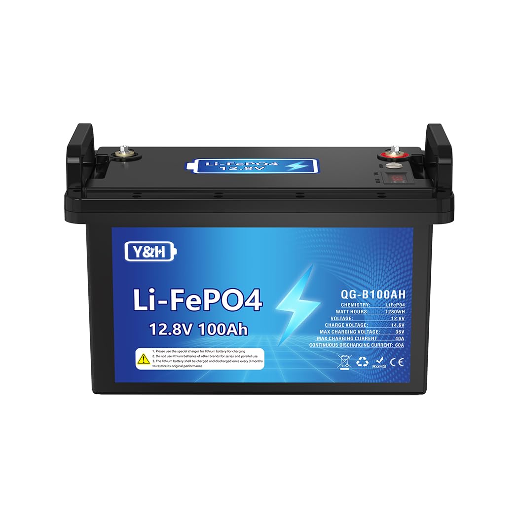 100AH 12V LiFePO4 Batterie au lithium,Max.1280Wh Energie,Port USB,Indicateur de tension en temps réel,BMS intégré,Parfait pour moteur trolling, camping, bateau, RV, stockage d'énergie maison