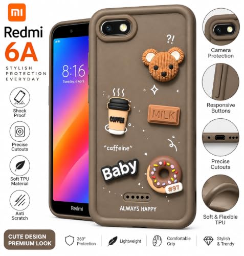 Image of Bintage Back Cover Compatible for Redmi 6A | Cute Fun Ball | 3D Taddy Smiley Coffee | Milk Case | Full Body Protection - Brown