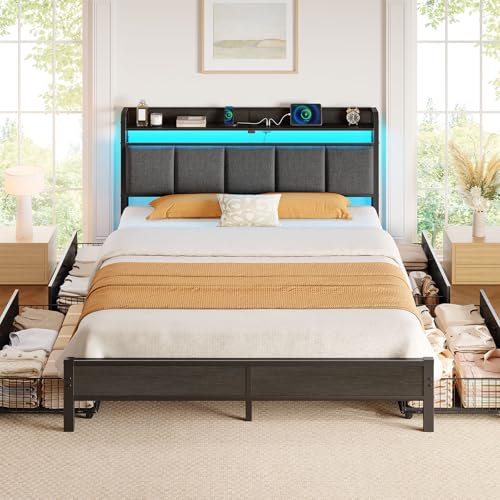 Image of Rolanstar Bed Frame Queen Size with Charging Station and LED Lights, Upholstered Storage Headboard with Drawers, Heavy Duty Metal Slats, No Box Spring Needed, Noise Free, Easy Assembly, Dark Grey