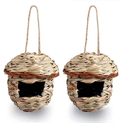 Leepes Hummingbird House, 2 Pack Hand Woven Hummingbird Houses Nest, Small Hanging Audubon Finch Canary Song Sparrow Birdhouse, Natural Hummingbird Nest Outdoor, 6" D x 6.3" H