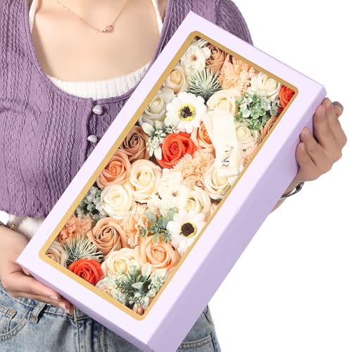 【anan掲載・プロ監修】 Puanela ソープフラワー 大きな フラワー ボックス プレゼント 女性 ギフト 人気 誕生日 母の日 退職 敬老の日 お祝い 造花 バラ カーネーション (オレンジ)