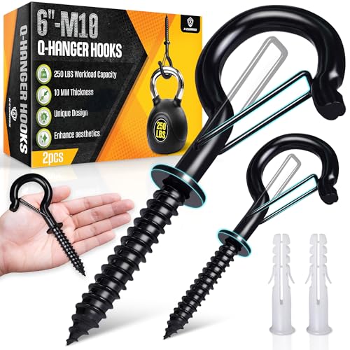 [HEAVY-DUTY] 250Lbs 6’’ M10 Q-Hanger Hook with Safety Buckle & Washer, 2Pcs | Black Windproof Screw Hooks for Hanging Plant with Expansion Tubes, Screwdriver, Hanging Outdoor String Light Christmas Patio