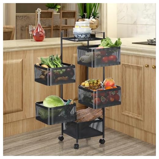 Gemüseregal Küchenwagen Universall multifunktionales Regal Küchen rollwagen Obstkorb Aufbewahrungsbehälter Obstwagen mit Rollen Küchenregal Organizer für Küche, Badezimmer und Büro Schwarz 5 Fächer