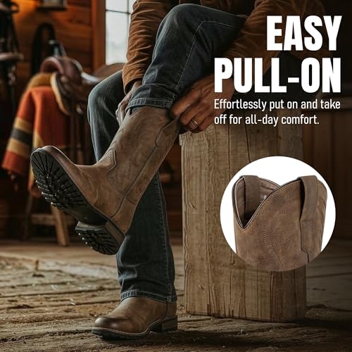 Image of J's.o.l.e Round Toe Cowboy Boots for Men | Classic Embroidered Western Style, Pull-Tabs for Easy Pull On, Comfort Removable Insole, Ideal for Concerts & Daily Wear