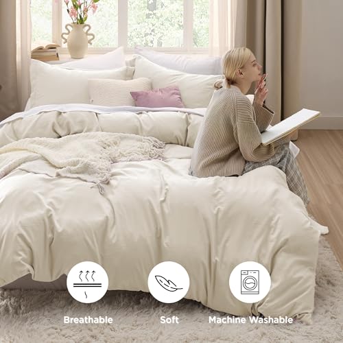 Image of Bedsure Oat Milk Duvet Cover King Size Only - Prewashed Cotton-Like Polyester Extra Soft All Season Bedding, Includes 1 Duvet Cover 104x90 Inches with Zipper Closure, Comforter Not Included