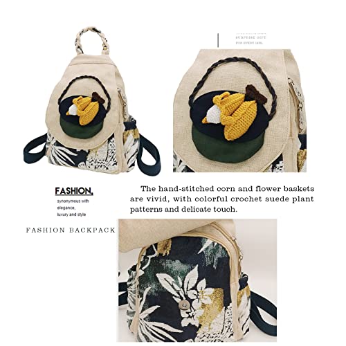 Image of Small Canvas Backpack, Retro Boho Washed Hippie for Women Daily Commute (Corn Decorations)
