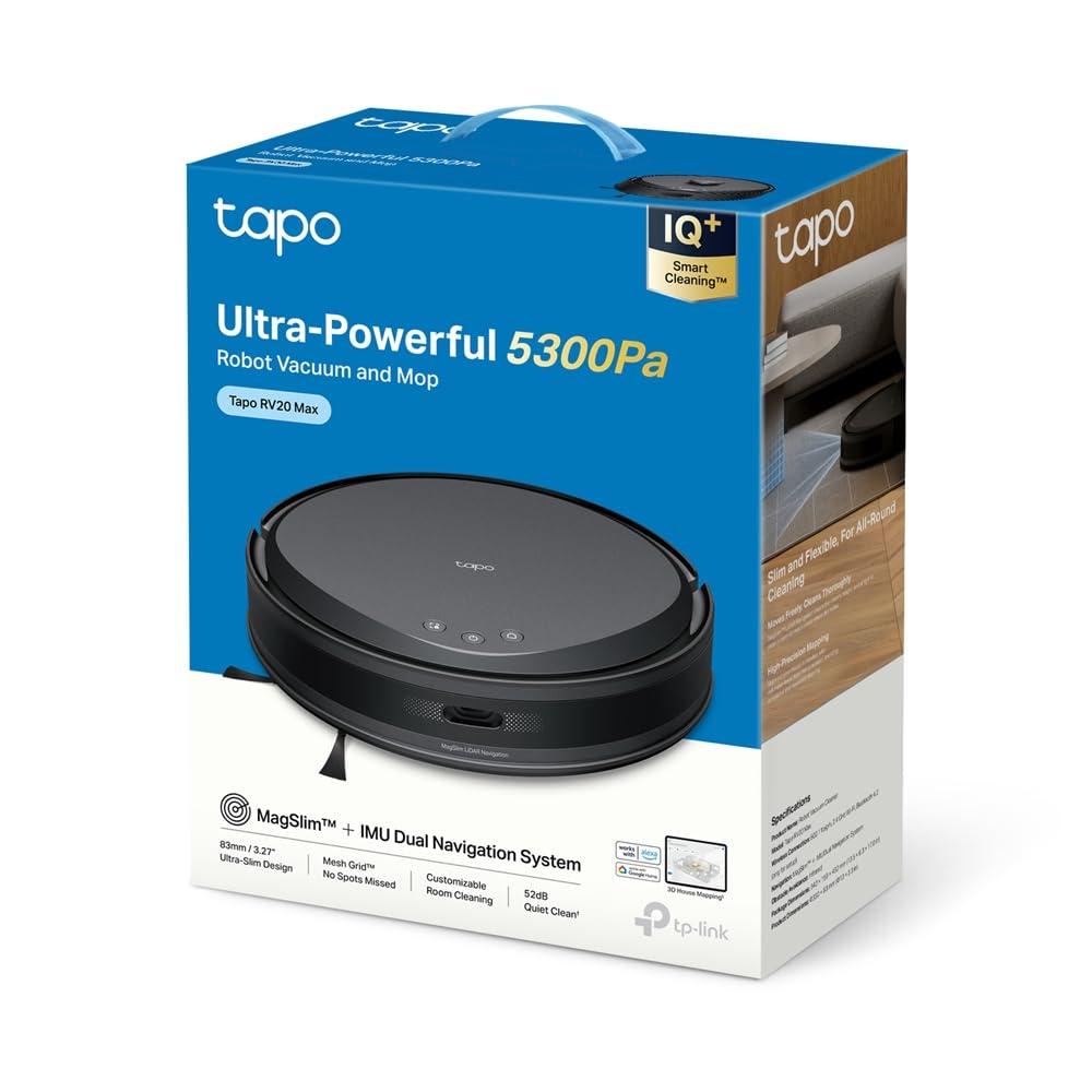 TP-Link Tapo RV20 Max – Robot sprzątający z mopem, 5300Pa, ultra-smukły (83 mm), nawigacja LiDAR, 5 poziomów ssania, 3 poziomy mopowania, 180 min pracy, sterowanie aplikacją i głosem, mapowanie pięter