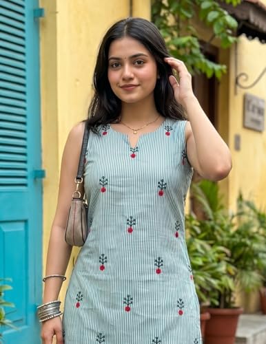 Image of Youthnic Women's Cotton Embroidered And Stripes Work Summer Wear Straight Kurti With farshi Salwar | Co Ord Set for Women Stylish | Office wear Kurta Set