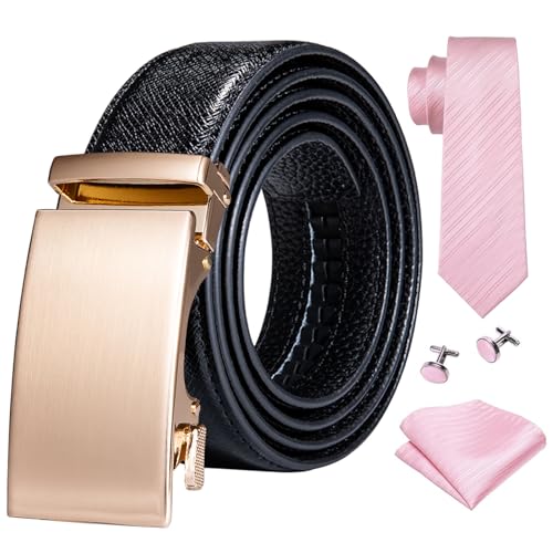 Barry.Wang Ratchet Belt Gold Buckle Tie Set Leather Belts 1 3/8” Trim to Fit Wedding Business Party