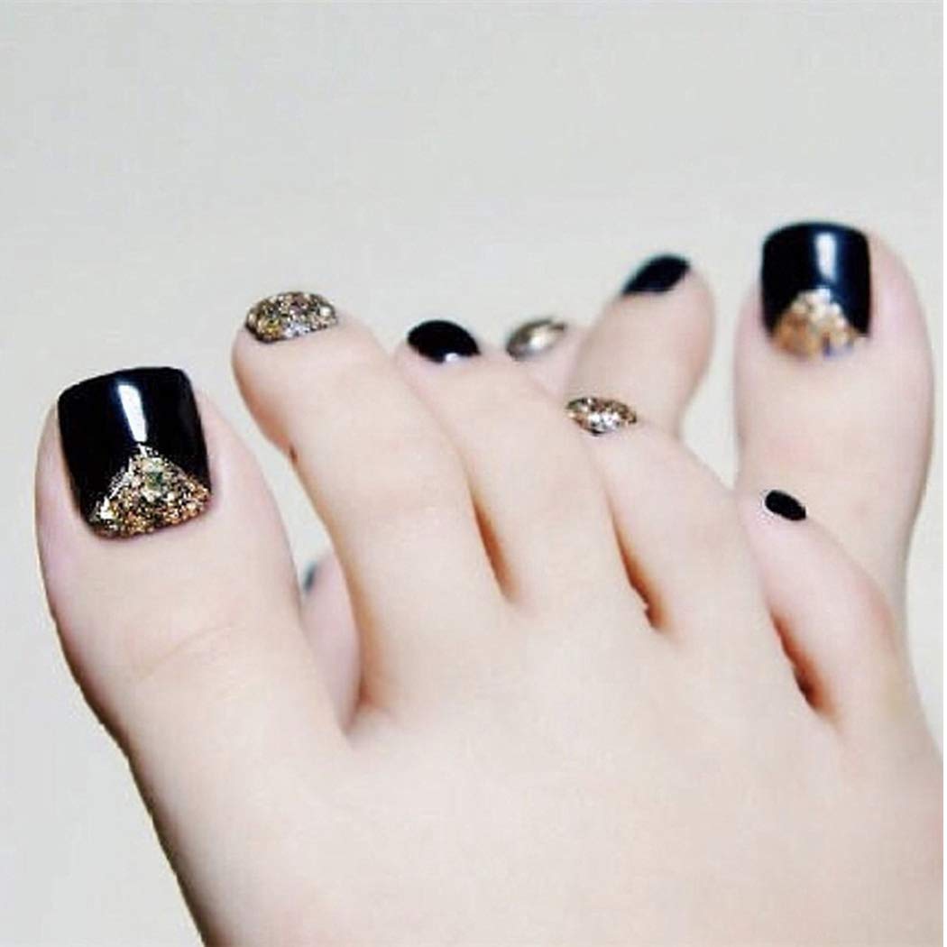 RODAKY Press on Toenails for Women False Nail for Toe Full Cover Fake Toenail Fashion Nails Artifical Toenails Acrylic Foot Nail Tips 24Pcs (Black-Gold Crystal)