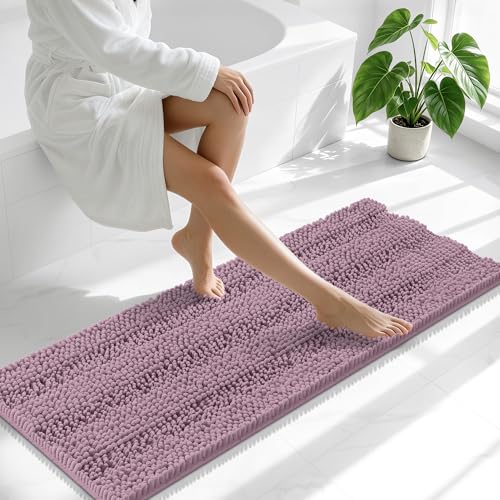 Image of Smiry Thick Chenille Bathroom Runner Rugs 47x17, Extra Absorbent Striped Bath Mat, Machine Washable, Rubber Backing, Long Bath Rugs for Tub & Shower, Modern Home Decor Accessories, Deep Plum