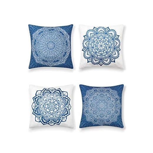 SUMGAR Fundas de Cojínes Mandala de Azules y Blanco de Boho Lino Indio Fundas de Almohada Decorativos de Bohemio para Sala de Estar Sofá Cama Coche 45x45cm Paquete de 4
