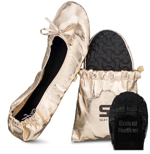 Image of Silky Toes Women's Foldable Portable Travel Ballet Flat Roll Up Slipper Shoes with Matching Carrying Pouch (Extra Large, Gold)