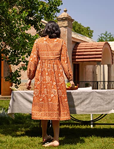 R.vivimos Women's Long Sleeve Floral Print Retro V Neck Tassel Bohemian Midi Dresses (Medium, Orange) #TOP5