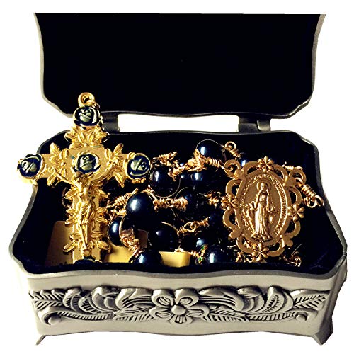 elegantmedical Handmade Rosary Plated Gold Wire Wrapped AAA+ Black Real Pearl Bead Catholic Necklace Jesus Cross Gift Box