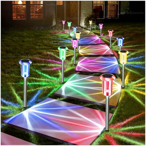 Image of DenicMic Outdoor Solar Lights Waterproof 10 Pack Color LED Christmas Decor | Pathway Yard Garden Driveway Landscape Path Lighting - Candy Cane Style Starburst Light Pattern, Acrylic /Stainless Steel