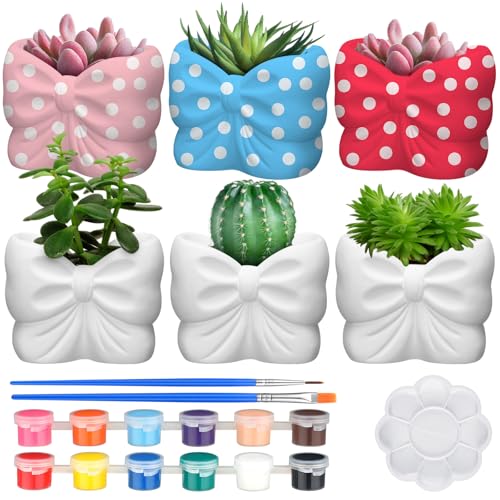 Beeveer 6 Sets Paint Your Own Coquette Bow Succulent Planter Ceramic Blank Unpainted Flower Pots DIY Paintable Porcelain Vase Kit for Kids Christmas Classroom Craft Project Activity Supplies
