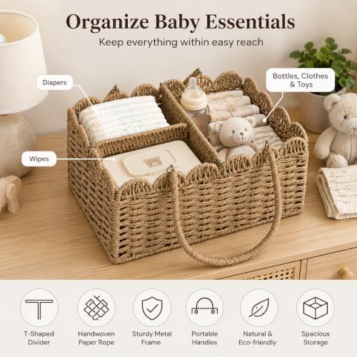 Large Wicker Diaper Caddy Organizer, Scalloped Nursery Basket for Changing Table, Woven Rope Baby Holder with Removable Divider, Portable Organizer for Diapers Wipes Clothes Toys & Essentials (Brown) — view 4