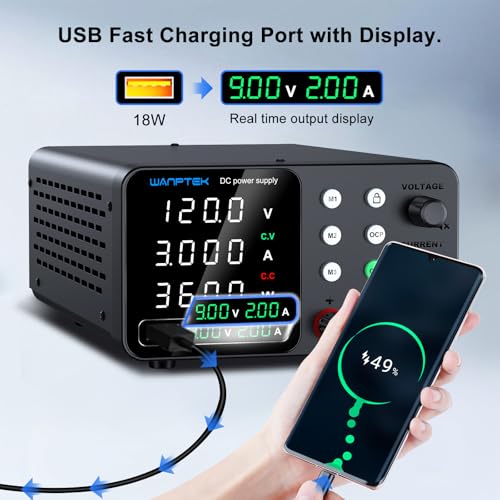 Image of WANPTEK DC Power Supply Variable 0-120V 0-3A, Adjustable Switching Regulated Bench Power Supplies with Memory Preset, Lock Key, OCP Protection, USB Fast Charging for Laboratory /Electronic Repair