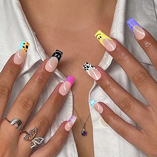 Qingge French Tip Press On Nails Long Cute Coffin Fake Nails Cow Print Smile Glue On Nails Colorful Acrylic Nails Tips Summer False Nails With Design Artificial Stick On Nails For Women 24Pcs #TOP4